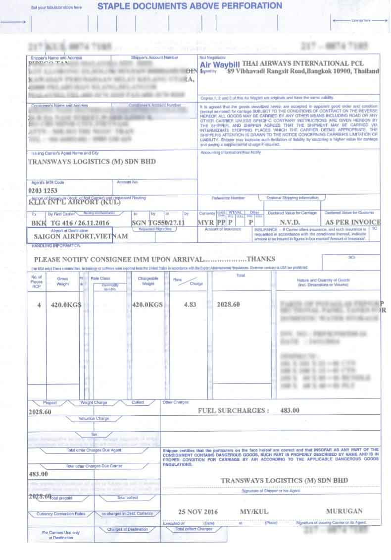 Ví dụ vận đơn hàng không